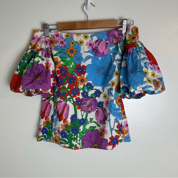 H&M Puff Sleeve Cropped Floral Top, Size 4, Blue Red Multicolor - Picture 1 of 7